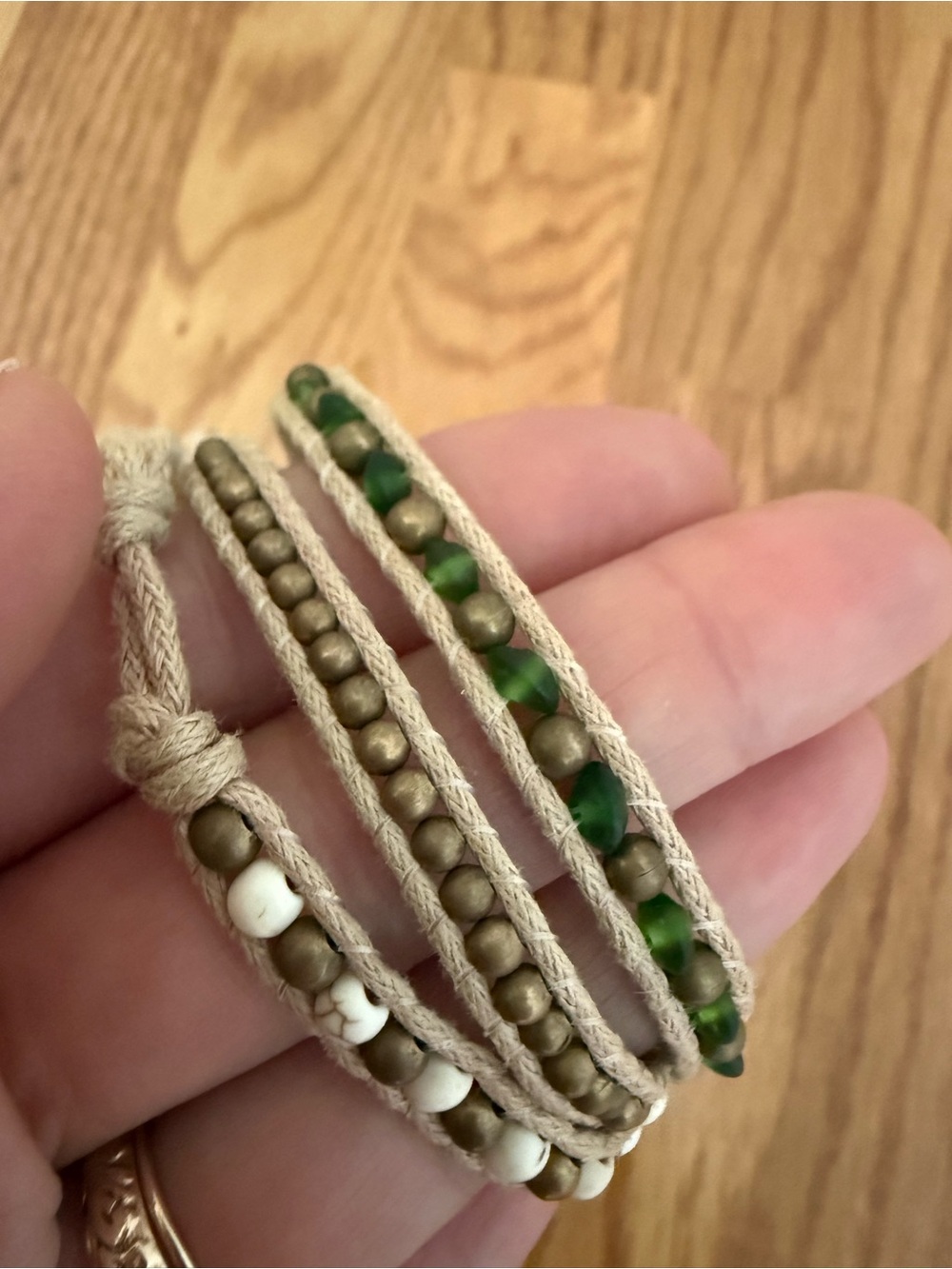 Handmade Beige Triple Wrap Bracelet with Green, Brown and White Beads